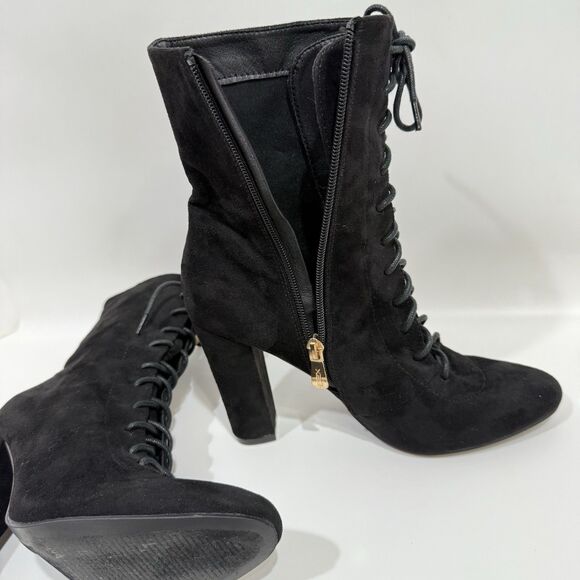 X2B Booties Woman 7 Lace Black Lace Up Block Heel Side Zipper Faux Suede - Picture 6 of 16